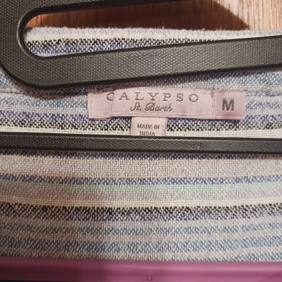 Calypso Beachy Cotton Striped Top Fringed HEM Ladies Medium Blues Henley - Picture 4 of 4